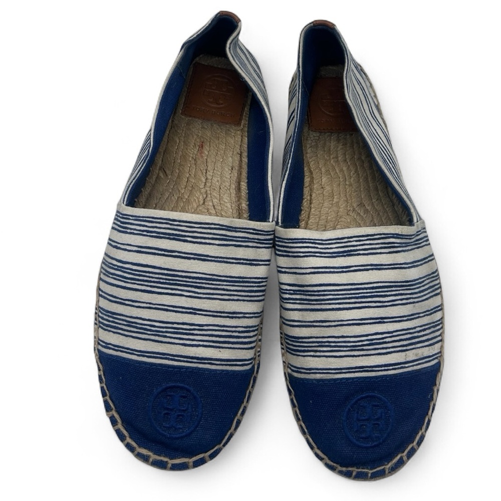Tory Burch espadrilles canvas stripes blue and ivory size 10